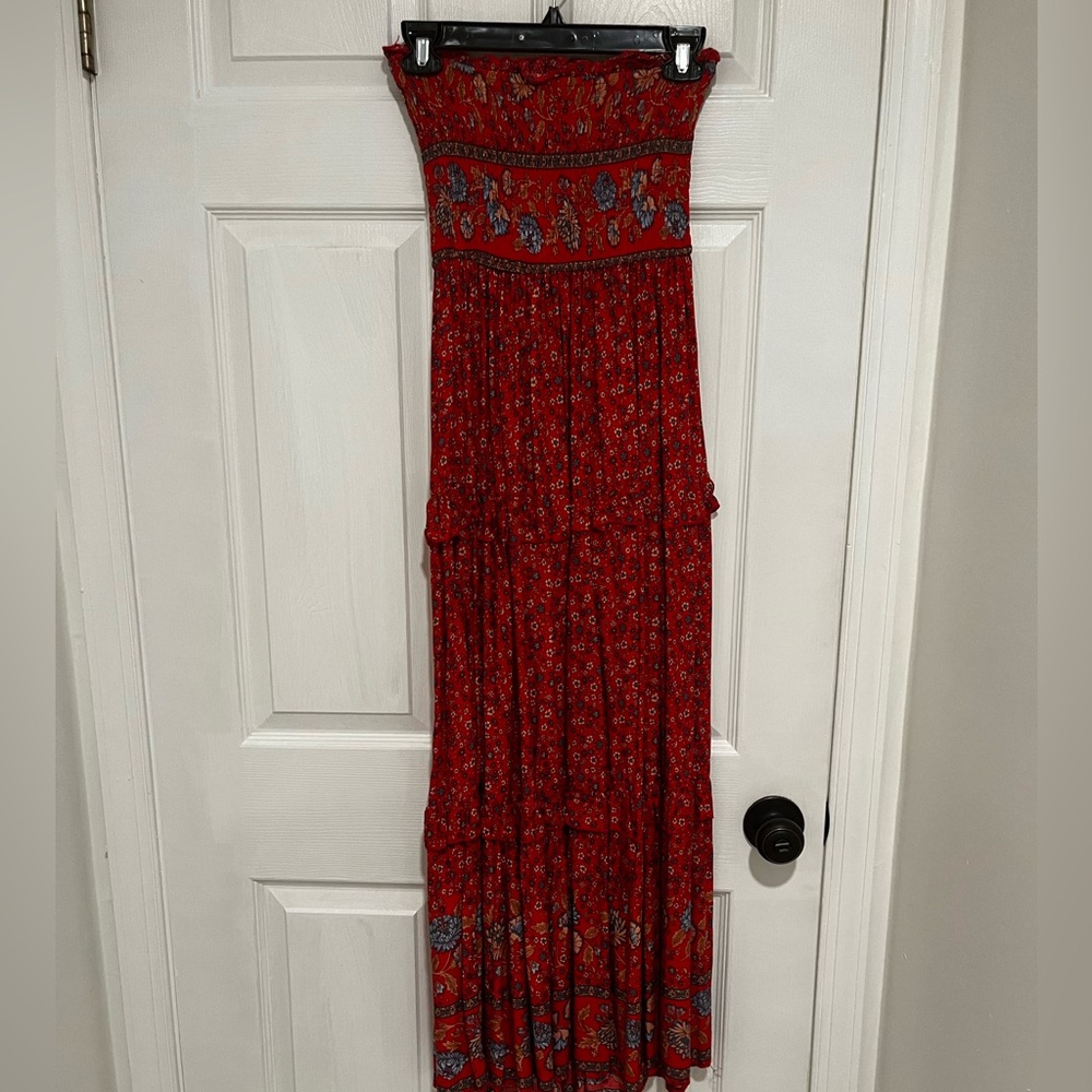ZESICA RED Summer Bohemian Floral Printed Strapless Beach Party Long Maxi Dress